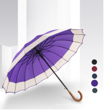 Hot Sale Auto Open Style 16 Ribs Rain Umbrella Cheap Promotional J Wooden Handle Umbrella